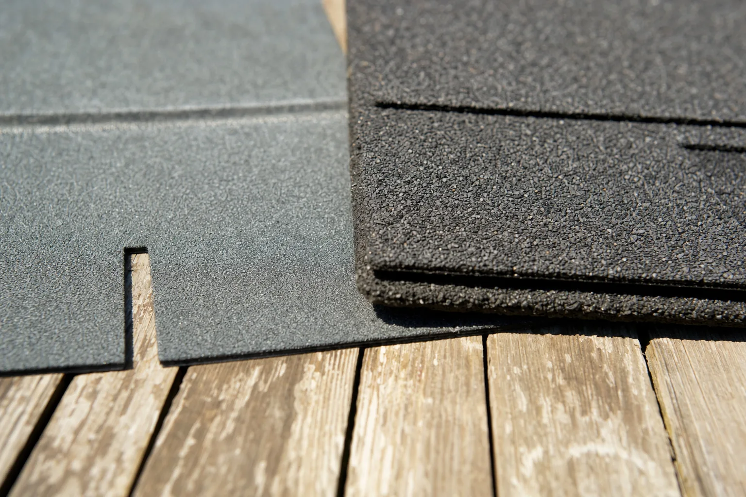 A flat three-tab asphalt shingle beside a thicker laminated architectural shingle, showing the difference in build and shadow line