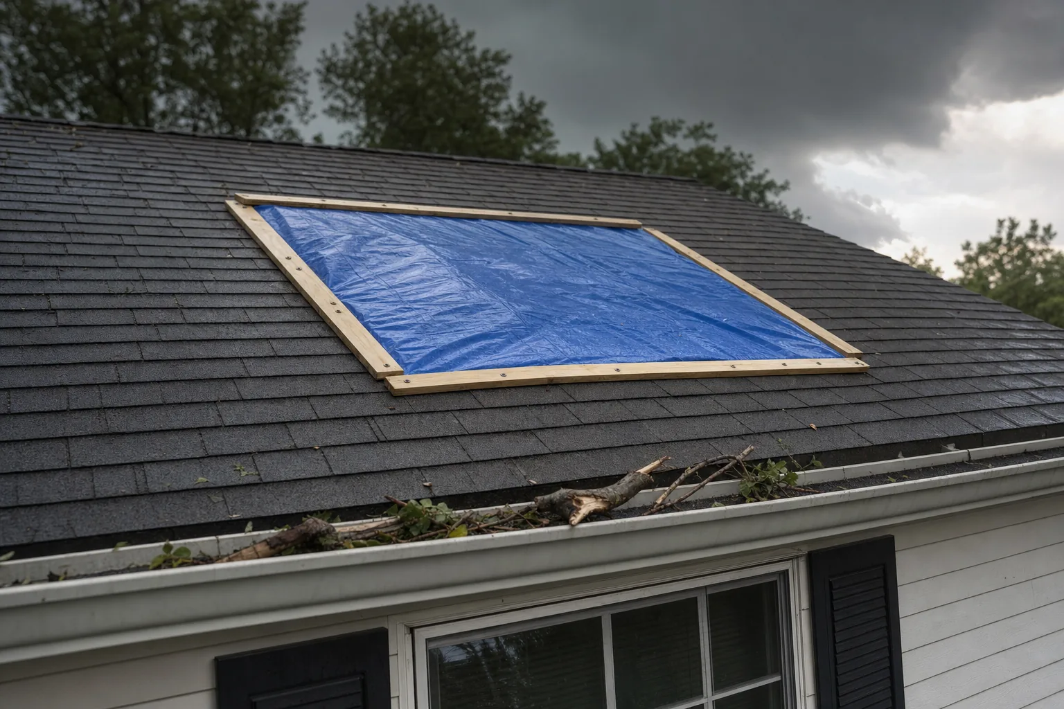 A blue emergency tarp fastened over a small damaged section of an otherwise intact shingle roof, battened down with timber and screws after a storm