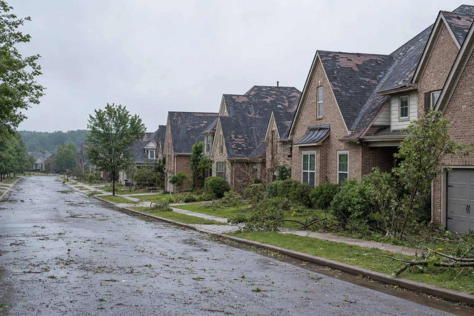 A suburban Middle Tennessee street the morning after a hailstorm, with damaged roofs, downed branches and shingle granules along the kerb