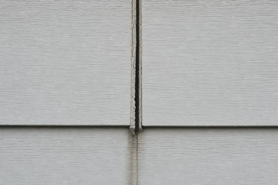 A vertical joint between two painted fiber cement boards where the caulk has shrunk, hardened and pulled away from one side, leaving an open gap with a water stain running down below it.
