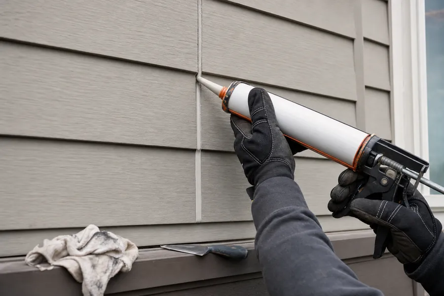 Gloved hands running a bead of exterior sealant into the vertical joint between two painted fiber cement siding boards with a caulking gun, with a finished smoothed section of bead visible below.