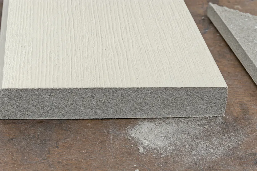 The sawn end of a fiber cement siding plank on a workbench, showing a solid pale grey cement core packed with fine sand under a thin cream paint film.
