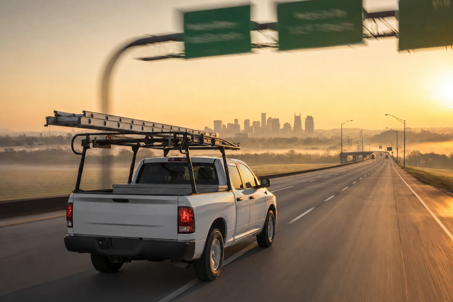 A contractor pickup truck with ladders on its rack driving an interstate approach into Nashville at sunrise, the downtown skyline on the horizon ahead