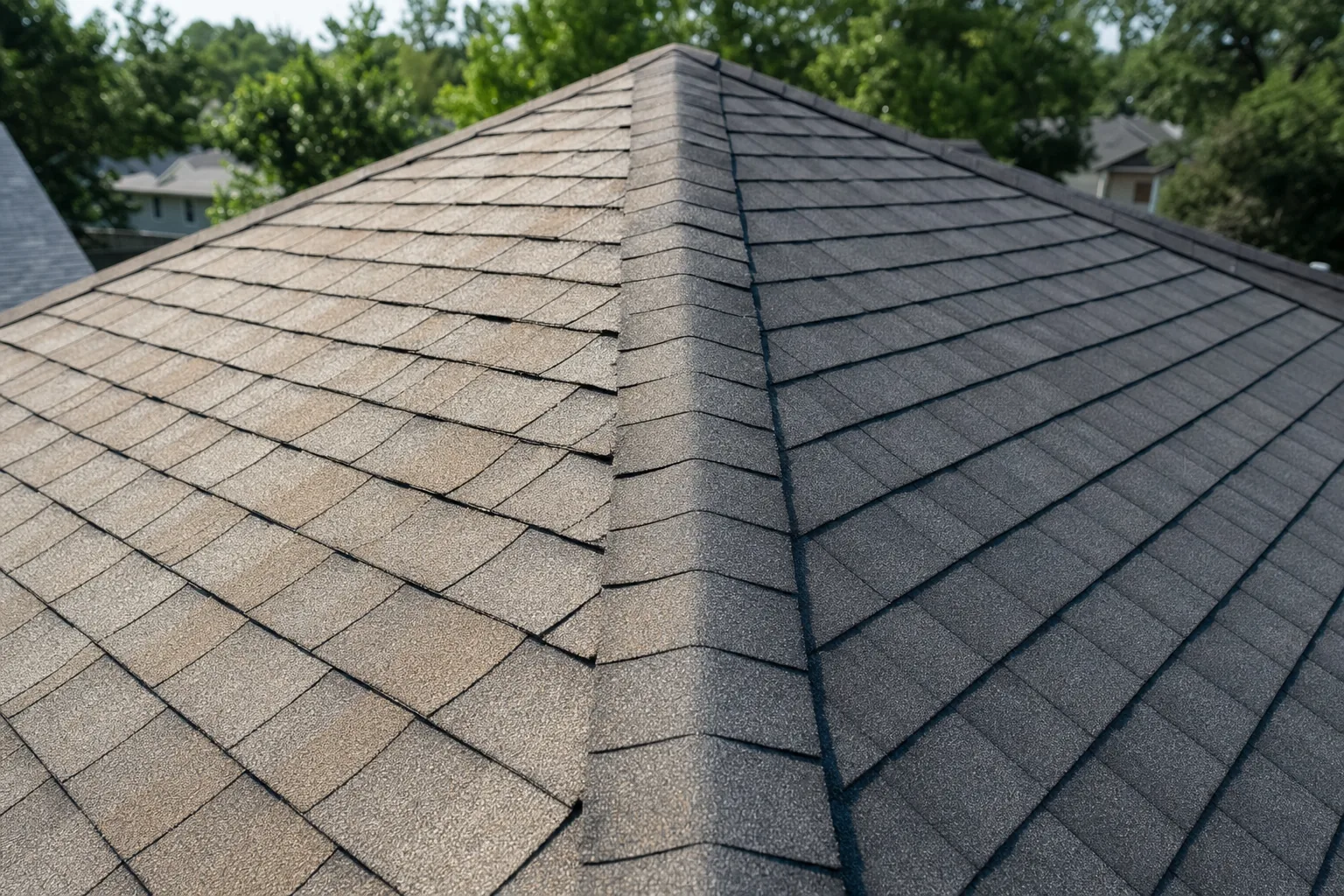 A roof ridge where a faded sun-exposed south-facing slope with granule thinning meets a darker better-preserved shaded north-facing slope