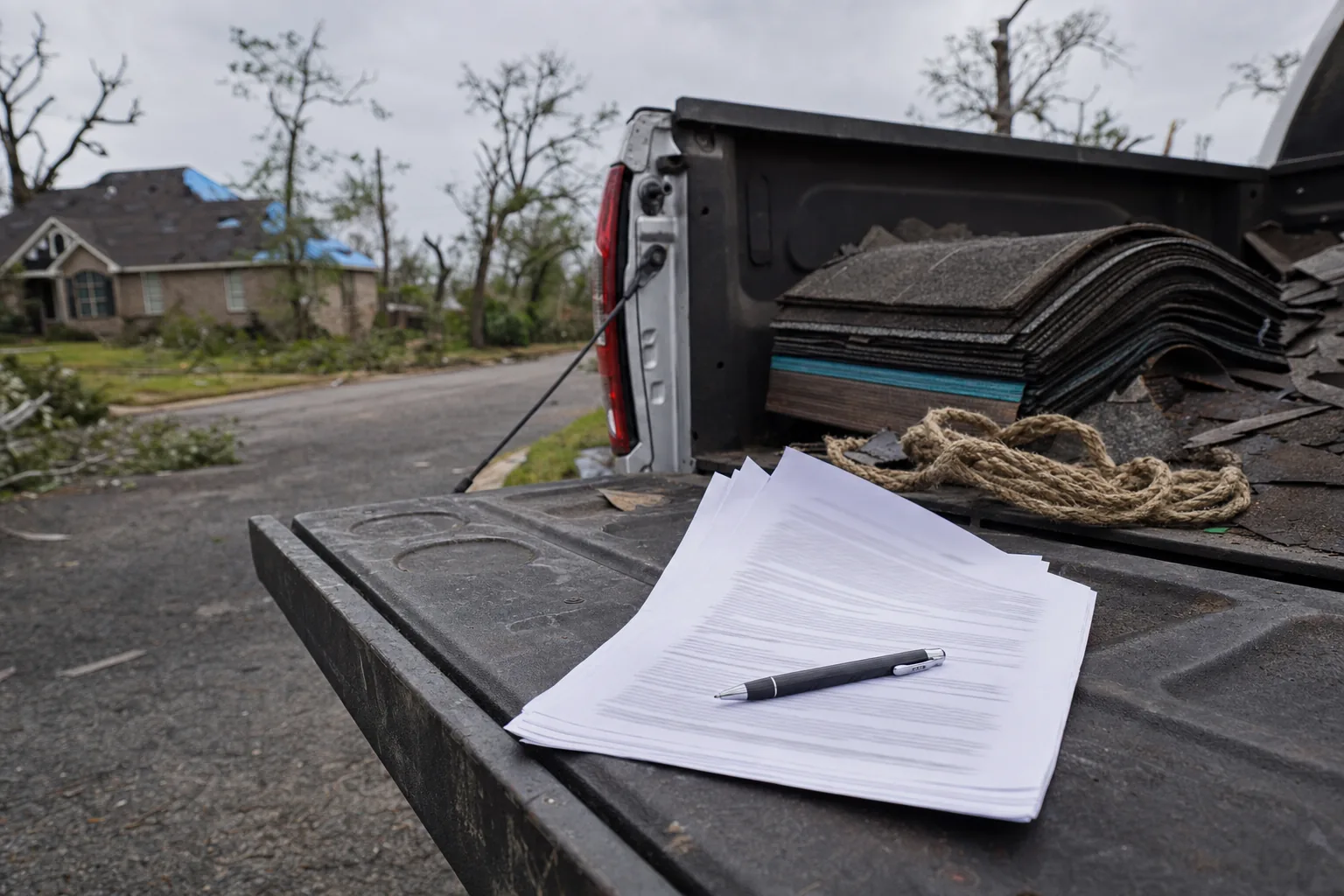 An unsigned multi-page roofing contract and a pen resting on the open tailgate of a pickup truck on a storm-damaged street