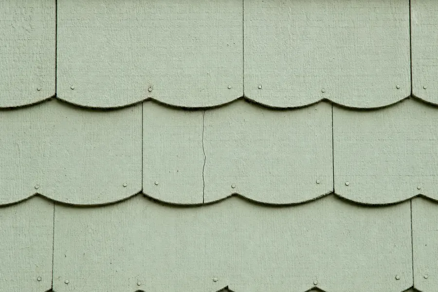 Small asbestos-cement shingles in overlapping courses with wavy scalloped bottom edges, thick chalky pale green paint, exposed nail heads and a hairline crack.