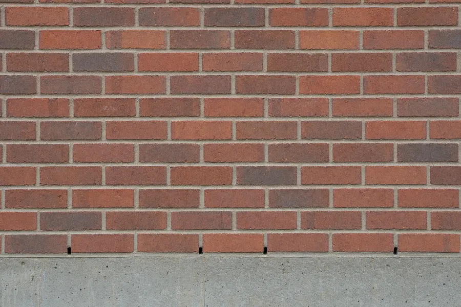 Red brick veneer in running bond with recessed mortar joints and a row of small open weep holes in the bottom mortar course above the foundation.
