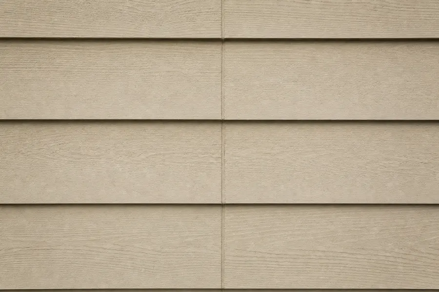 Factory-primed engineered wood lap siding with a regular woodgrain texture, deep shadow lines and a neatly sealed vertical butt joint.