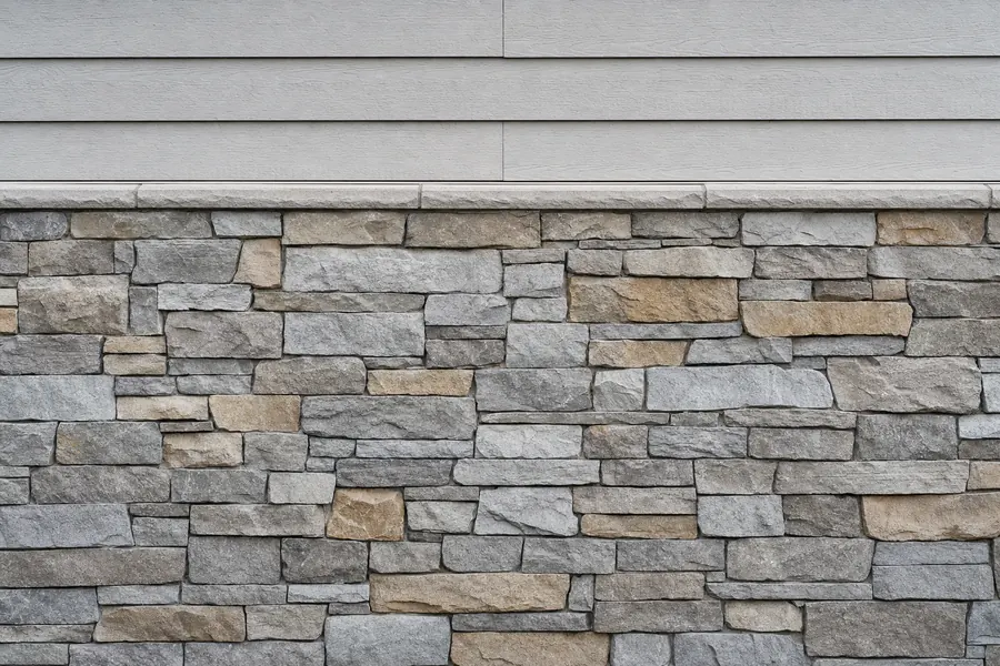 Manufactured stone veneer in grey and tan laid in a random ledgestone pattern with tight mortar joints, meeting a course of siding above.