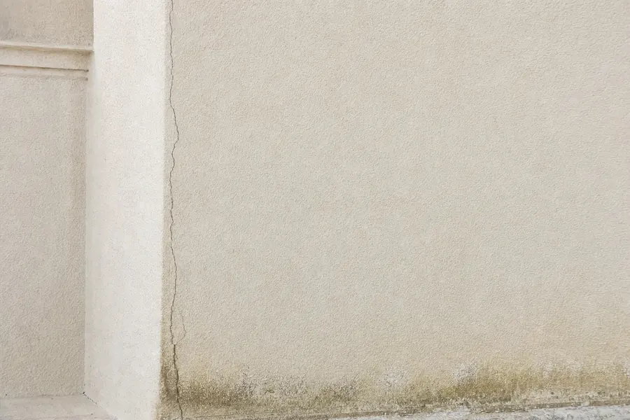 Cement stucco wall with a fine sand float finish in warm off-white, visible trowel texture and a hairline crack running down from a corner.