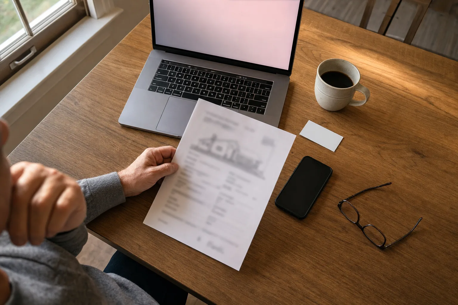 A homeowner at a kitchen table with a laptop, a printed roofing estimate, a business card and reading glasses, checking a contractor before hiring